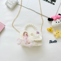 White plush girls handbag with pearl handle, golden chain and bow detail accents - Beige Style Left Girl