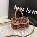 Mini leopard print handbag for girls with brown leather trim and top handle strap - Brown (No Butterfly Decoration)