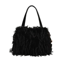 Elegante bolso de mano de plumas negras con asas de cuero y detalles de metal dorado - Negro