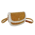 Brown faux leather kids crossbody bag with white sherpa trim and golden metal clasp - Caramel color