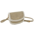Kids khaki suede crossbody bag with white sherpa trim and golden cylindrical metal buckle - Beige