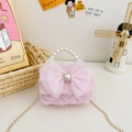 Mädchen-Handtasche aus rosa Tüll mit 3D-Blumen, Schleife und Perlengriff - Rosa Schleife