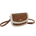 Brown faux suede mini crossbody bag with white shearling trim and gold metal buckle - Brown