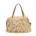 Beige faux fur crossbody bag with leather handles and gold metal hardware accents - Khaki