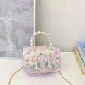Light purple embroidered flower shoulder bag with pearl handle and golden chain strap - Purple