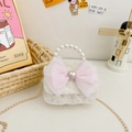 Weiße Mädchen-Mini-Handtasche aus Spitze mit großer rosa Schleife und Perlenhenkel - Beige Schleife