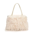 Pluffy white faux fur tote bag with long tassels and delicate shoulder strap - Beige