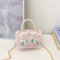 Pink floral embroidery monkey bag with pearl handle and golden chain strap - White