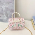 Pink Chinese-style embroidered mini bag for girls with pearl handle and floral details - Pink
