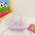 Purple girls' mini bag with 3D floral accents, pearl handle, and golden chain strap - Purple Flower