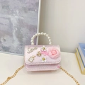Pink girls shoulder bag with 3D lace flowers, pearl handle and gold chain strap - Pink Flower