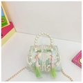 Detail of mint green girl's purse with floral embroidery, pearl handle, and soft tassels - Green