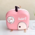 Detail view of pink apple-shaped toddler backpack with cute rabbit graphic and sturdy handle - Pink
