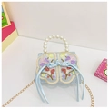 Detail of light blue floral embroidery and pearl handle on a mini princess handbag - Blue Double Knot
