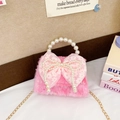 Bolso rosa de felpa para niña con asa de perlas, estrellas de lentejuelas y lazo de encaje - rosa intenso