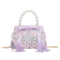 Mini Chinese style embroidered girls handbag with pearl handle, floral pattern and tassels - Purple