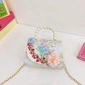 Floral girls handbag with pearl handle and butterfly embroidery in light floral fabric - White