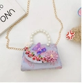 Lavender girls small handbag with 3D floral accents, pearl handle and gold chain strap - Purple