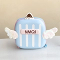 Detail view of light blue children backpack with sequined wings and NMQI logo - Sky Blue