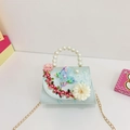 Light blue floral panda crossbody bag with pearl handle and golden chain for girls - Green