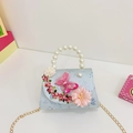 Sweet light blue floral girl handbag with 3D pink butterfly and pearl handle - Blue
