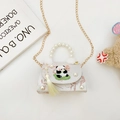 Children's panda embroidery mini bag in cream with pearl handle and silk tassel - White Panda