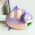 Detail of the purple gradient hard shell kids backpack with cute bunny emblem - Purple