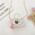 Pink silk girls' panda embroidery handbag with pearl handle and golden chain - Pink Panda