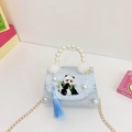 Light blue floral girls handbag with panda embroidery, pearl handle and silk tassel - Blue Panda