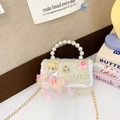 Bolso de mano infantil blanco crema con perlas, encaje, motivo de princesa y cadena - Niña Beige
