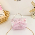 Bolso rosa de princesa con perlas, encaje y lazo iridiscente para niñas pequeñas - Lazo Rosa