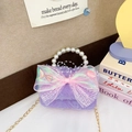 Sac princesse en filet violet avec anse en perles, nœud rose et breloque sirène pailletée - Nœud Violet