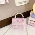Pink lace girls mini crossbody bag with pearl handle, sequins bow, and metal chain - Girl Style / Pink
