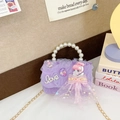 Mini lavender princess bag with pearl handle, tulle ruffles and cute cartoon charm - Girl Style / Purple