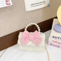 Mini lace crossbody bag for kids with pink silk bow, pearl handle and gold chain - Bow Style / Beige
