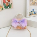 Mini bolso de peluche degradado para niñas con asa de perlas y lazo violeta - Lazo naranja