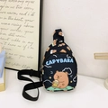 Black canvas kids chest bag featuring a cute cartoon Capybara drinking boba tea print - Black