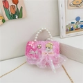 Mini sac princesse en peluche rose avec poignée en perles, nœud et chaîne dorée - Princesse Rose