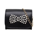 Mini black leather crossbody bag with pearl bow decoration and golden chain strap - Black