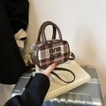 Kids vintage plaid mini handbag with AFIR embroidery and brown leather straps - Pink Plaid Bare Bag