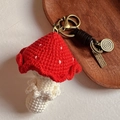 Handmade crochet red mushroom charm with white dots and vintage bronze keychain clip - Red with Pendant