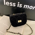 Mini girls' black velvet quilted crossbody bag with gold chain and twist lock clasp - Square Lock Black
