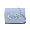 Mini light blue crossbody bag for girls with pearl bow accent and gold chain strap - Blue