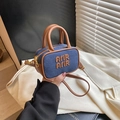 Mini denim kids handbag with brown leather straps and AMIR logo details in navy blue - Denim Bare Bag