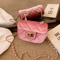 Pink velvet mini crossbody bag for girls with quilted pattern and gold chain strap - Square Lock Pink