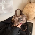 Brown plaid mini handbag for kids with leather handles and crossbody strap - Coffee Grid Bare Bag