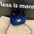 Mini blue velvet quilted crossbody bag for girls with gold chain strap and metal clasp - Square Lock Blue