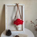 Handmade crochet mushroom shoulder bag in red and white with a brown leather strap - Red (Bag Only)