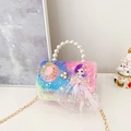 Mini borsa peluche per bambina con sfumatura colorata e manico di perle eleganti - Blu (Capelli Viola)