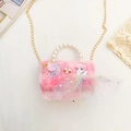 Pink plush kids handbag with pearl handle, gold chain and cartoon doll decoration - Pink